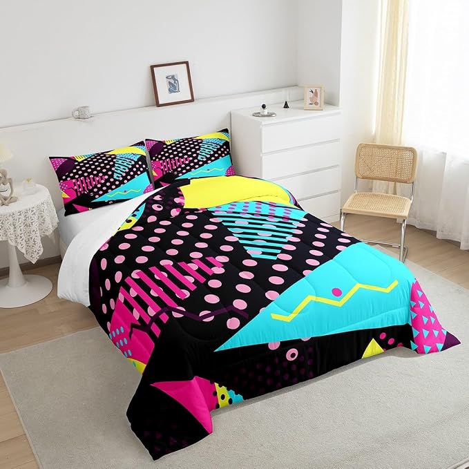Manfei Memphis Comforter Set Queen Size, Retro 80s or 90s Fashion Style Quilt Set with 2 Pillowcases, Geometric Triangle Circle Bedding Set 3pcs for Kids Boy Girls Lightweight Duvet Insert
