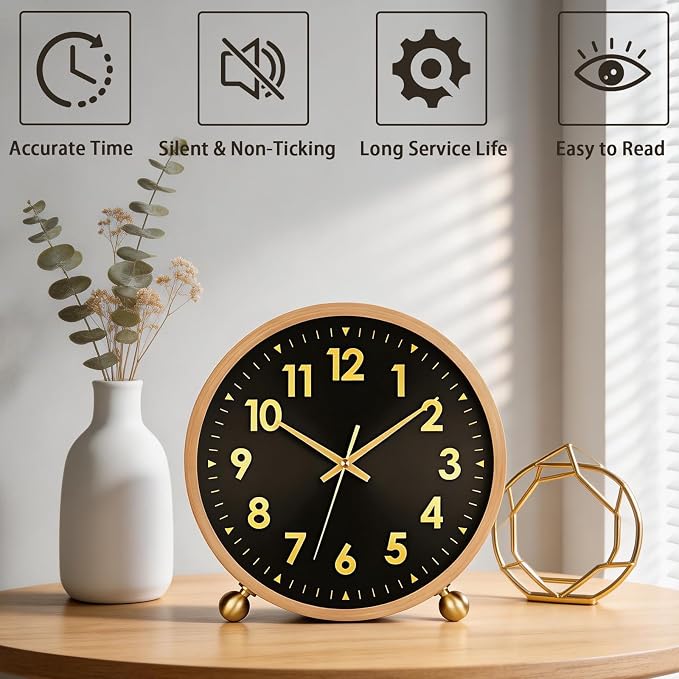 Maxspace Wooden Table Clock,8in Silent Non-Ticking Desk Clock with Gold Ball Base,Battery Operated Desktop Analog Clock for Living Room Office Bedroom Decor (Black Gold - Log, Copper Ball Base)