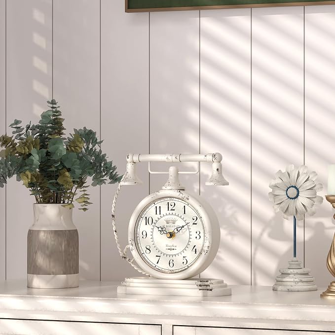Vintage Table Clock, Desk and Shelf Decor Clock, White Antique Telephone Style Mantel Clocks, for Living Room, Farmhouse, Bedroom, Bedside, Gift (7.3" H x 7.3" W)