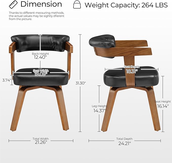 Art Leon Home Office Desk Chair - Mid Century Modern Chair, Faux Leather Office Chair No Wheels, Comfy Accent Arm Chair with Wood Legs for Small Spaces Living Room Bedroom Study, Black/Walnut