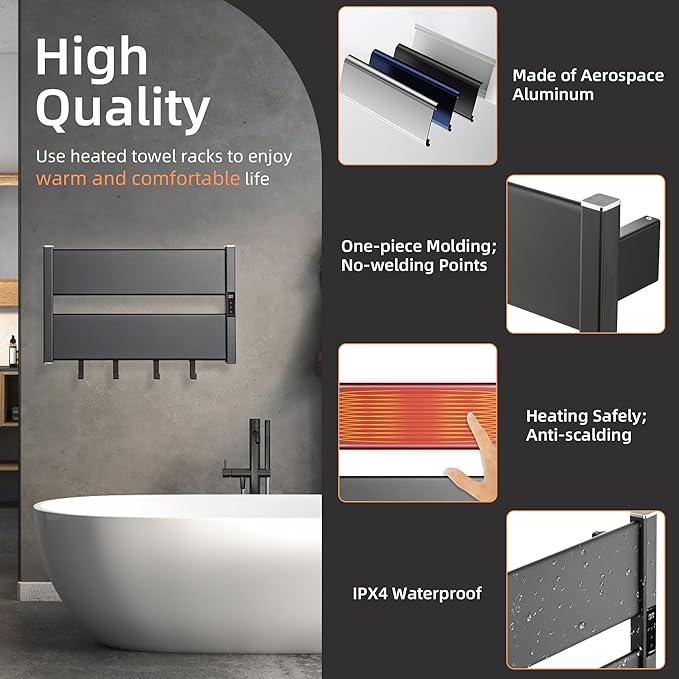 K&KALONZO Towel Warmer for Bathroom, Wall-Mounted Heated Towel Rack with Built-in Timer, Waterproof Alumnimum Electric Towel Heater, Support Plug-in and Hardwired, Black, H2-B