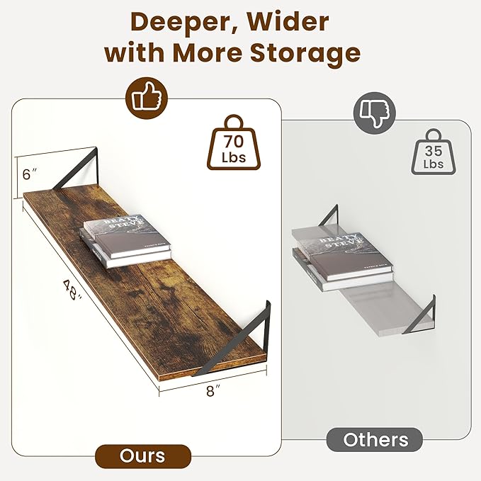 Floating Shelves for Wall,48" Wx8 D Wood Wall Shelves,Hanging Storage Floating Shelf with Metal Brackets,Wide Floating Bookshelf for Living Room,Office,Bedroom,Bathroom,Set of 2,Rustic Brown