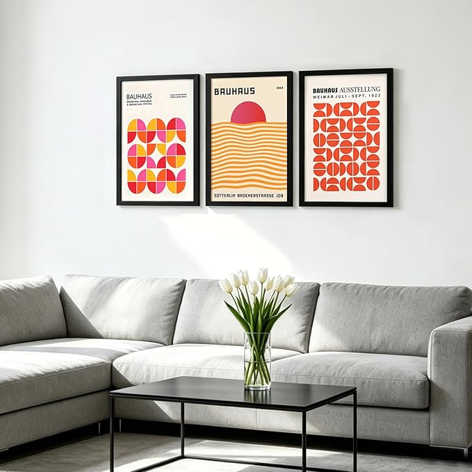 LIANGKESU Black Framed Bauhaus Wall Art Set of 3 16x24 Inch Mid Century Modern Orange Pink Geometric Canvas Prints Minimalist Retro Sunset Artwork for Living Room Bedroom Office Decor