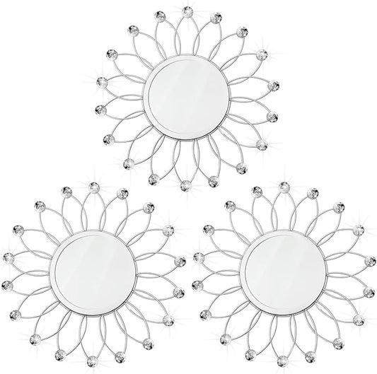 3 Pack Metal Mirrors for Wall Sunburst Wall Mirrors Home Décor Decorative Hanging Wall Art for Living Room Bedroom Entryway (Silver Crystal, Flowers)