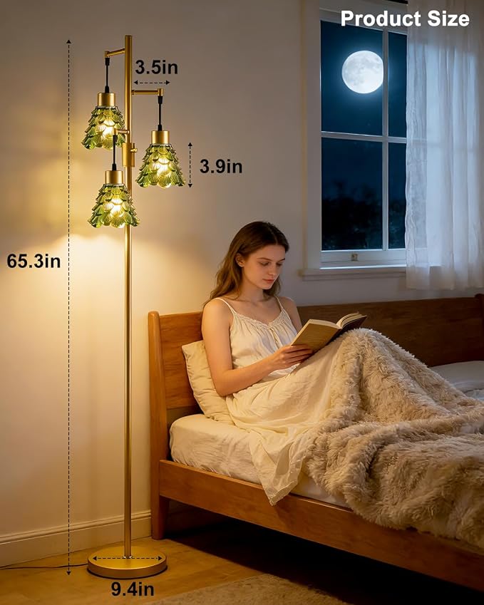 3-Light Modern Glass Floor Lamp, Gold Standing Tall Lamp with Green Pinecone Glass Shade for Reading, Dimmable LED Floor Lamp with 5Lbs Heavy Base for Living Room Bedroom Home Decor, Bulb Included