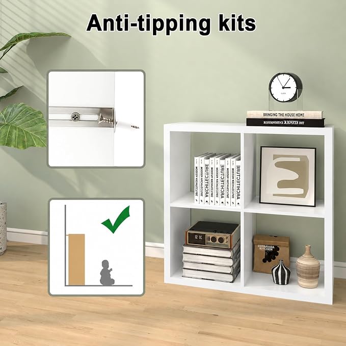 CTESNE【2026 Wooden Thick Frame 4 Cube Storage Organizer Shelf with Anti-Tipping Kits + Reversible Open Back Bookcase, Horizontal and Vertical Dual-use（White,11inch）