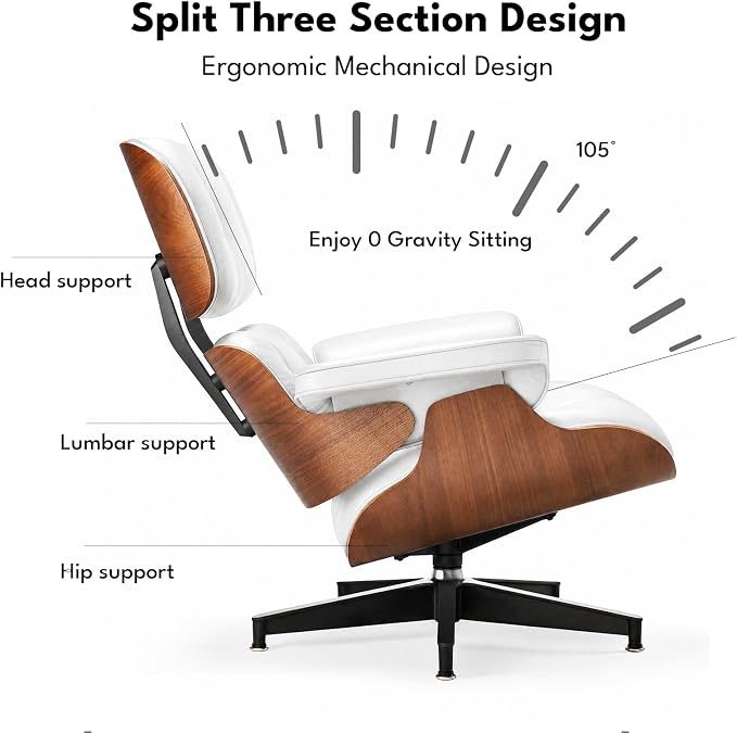 Top Grain Leather, Mid Century Chaise Lounge Chair and Ottoman, Reading Chair, Accent Lounge Chair, Modern Chair, Classic Design, Heavy Duty Base Support for Living Room Lounge Office, Walnut-White
