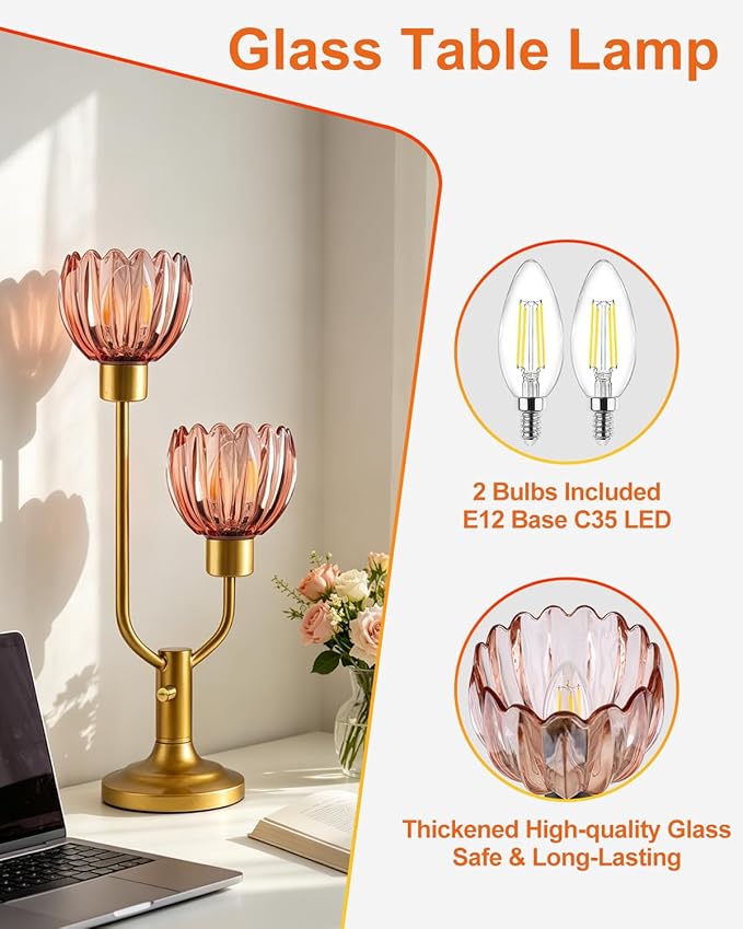 Lightdot Flower Table Lamp Dimmable Nightstand Lamp Mid Century Modern Red Glass Vintage Gold Desk Lamp 2 Bulbs Included Warmwhite Ambient Bedside Lamps for Living Room Bedroom Home Office Decor Gift