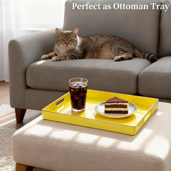 Decorative Plastic Serving Tray with Handles, Modern Vanity Organizer for Bathroom, Kitchen, Ottoman and Coffee Table (Yellow, Rectangular)