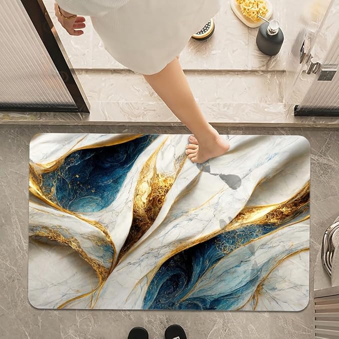 Bath Mat Rug,Abstract Blue and gold marble Non Slip Quick Dry Super Absorbent Thin Bathroom Rugs Fit Under Door-Easy to clean Bathroom Floor Mats-Shower Rug for Shower Sink Bathtub(20" x 31"In)