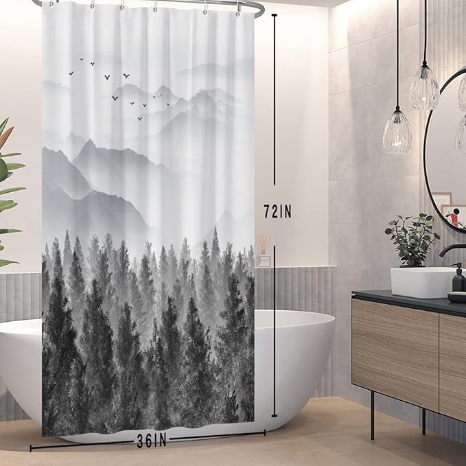 Baocicco Grey Forest Mountain Shower Curtain Watercolor Misty Forest Nature Tree Mountain Landscape Shower Curtains for Bathroom Waterproof Fabric Shower Curtain with Hooks 36x72 Inches