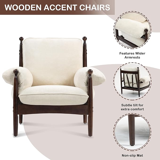 AQO Mid Century Modern Accent Chair with Arms, Upholstered Spindle Chair with Wood Frame, High-Resilience Sponge Cushion for Living Room Bedroom Office