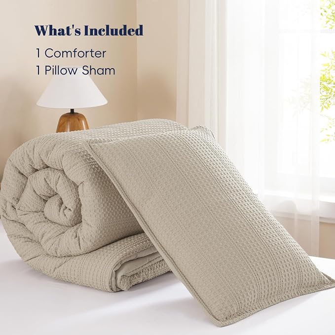 PHF Soft Waffle Comforter Set Twin Size- Comfy Breathable Waffle Weave Comforter with 1 Pillow Shams, 2 Pieces Less Snagging Lightweight Textured Bedding Set for All Season, Natural/Linen