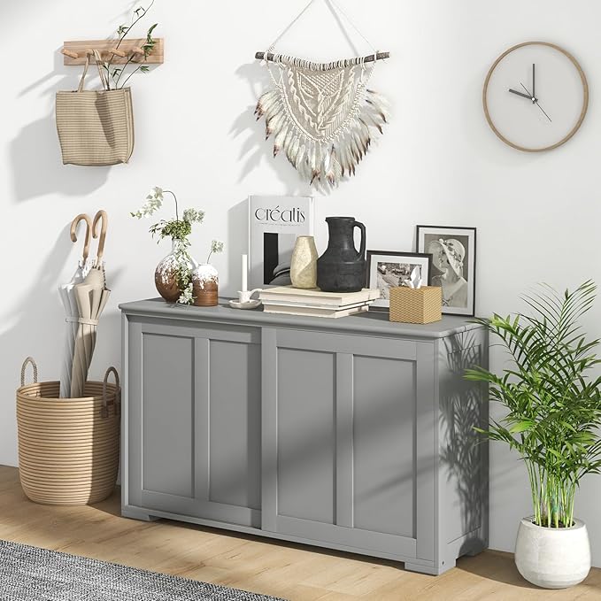 Sideboards Buffet Cabinet with Storage, Sliding Door Coffee Bar, Console Table with Adjustable Shelf, Credenzas for Living Room, Stackable Kitchen Cupboard for Dining Room (Grey)