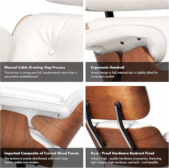 Top Grain Leather, Mid Century Chaise Lounge Chair and Ottoman, Reading Chair, Accent Lounge Chair, Modern Chair, Classic Design, Heavy Duty Base Support for Living Room Lounge Office, Walnut-White