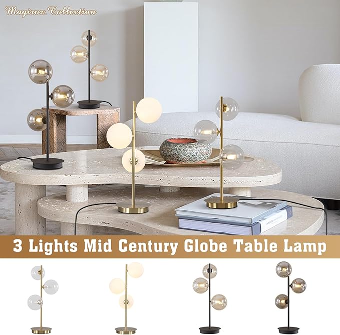 Mid Century Modern 3 Lights Globe Table Lamp Contemporary Minimalist Tall Bedside Desk Lamp Farmhouse Cognac Glass Nightstand Lamps Vintage Reading Light for Bedroom Living Room MTL03-B