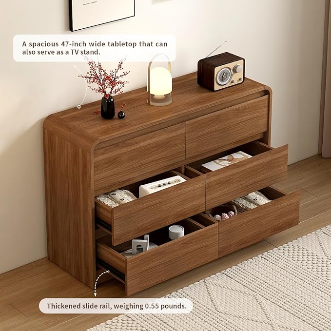 6 Drawer Dresser For Bedroom 55 Inch Wood Chest of Drawers - Curved Anti Collision, Mid Century Dresser For Closet with Natural Texture & Pre-Embedded Slots for TV Stand, Living Room, Nursery
