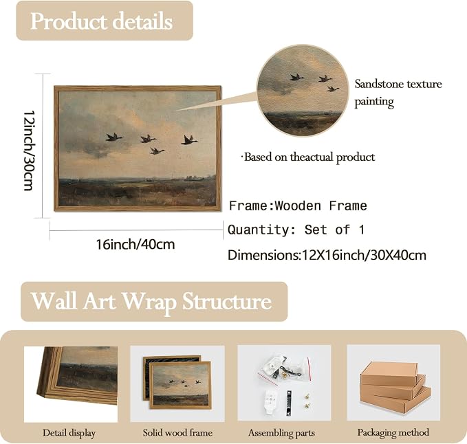 Vintage Flying Duck Wall Art, Rustic Landscape Wall Decor Retro Bird Painting Nature Wilderness 3D Textured Hand Drawn Sandstone Artwork Aesthetics for Bedroom Living Room 12x16 inch Wood Framed
