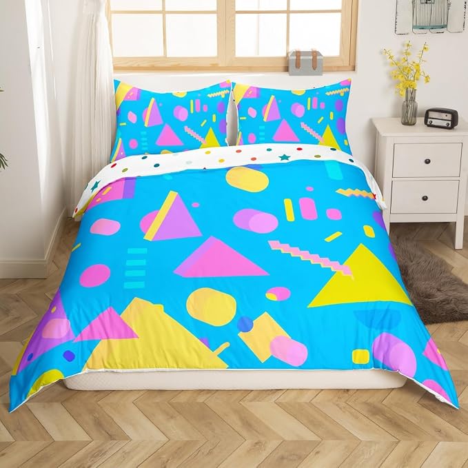 Memphis Duvet Cover Hipster Retro Bedding Set,80s and 90s Hip Hop Funky Comforter Cover Colorful Pop Art Inspired Pattern Twin Bed Set,Watercolor Eighties Memphis Geometrical 80s Bedroom Decor