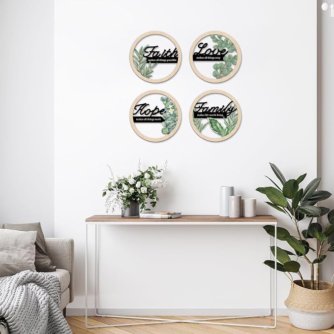 TOARTi Bohemian Inspirational Wooden Hanging Signs Sage Green Botanical Wall Art for Bedroom Living Room Eucalyptus Faith Hope Love Family Positive Affirmations Wall Decor Hollow Boho Minimalist Wood Plaques