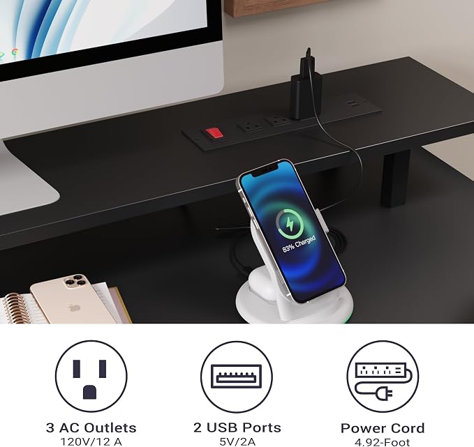 Furnify Black Computer Desk with Drawers, 42 Inch Home Office Desk Study Writing Table, Gaming Desk with USB Power Outlets, Office Desk with Fabric Drawer, Work Table with Shelf for Bedroom, Black