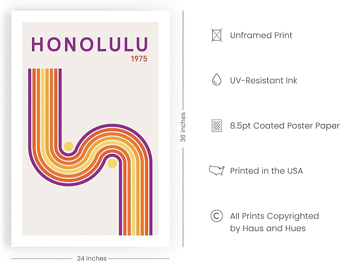 HAUS AND HUES Vintage Travel Poster – Honolulu Art Print, Retro City Artwork, Hawaiian Wall Decor, Abstract Beach Poster (Unframed 24x36)