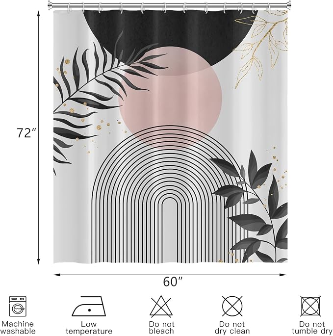 Boho Mid Century Shower Curtain,Black Pink Modern Minimalist Abstract Geometric Gold Plant Leaves Sun Arch Bathroom Curtains Waterproof Fabric Buthtub Curtain Set with Hooks 60" Wx72 L