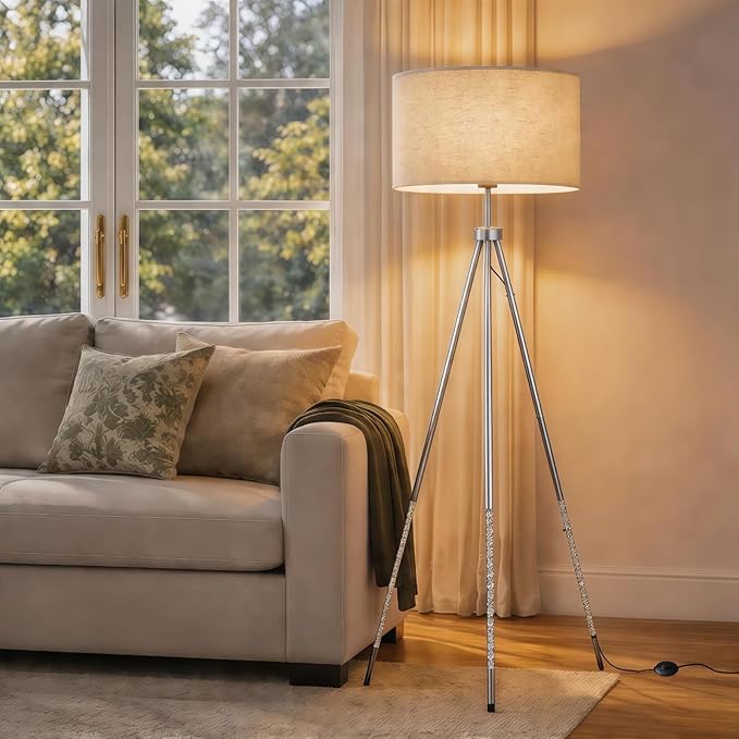 JOOFO Modern Metal Tripod Floor Lamp with Remote Control Tall Standing Decorative Corner Lamp with Oversized Linen Fabric Shade, Foot Switch for Living Room Bedroom Reading Nook Decor, Satin Nickel