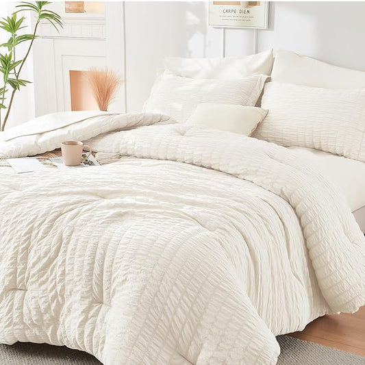HYMOKEGE Ivory California King Comforter Set Seersucker 7 Pieces, All Season Luxury Bed in a Bag for Bedroom, Bedding Set with Comforters, Sheets, Pillowcases & Shams