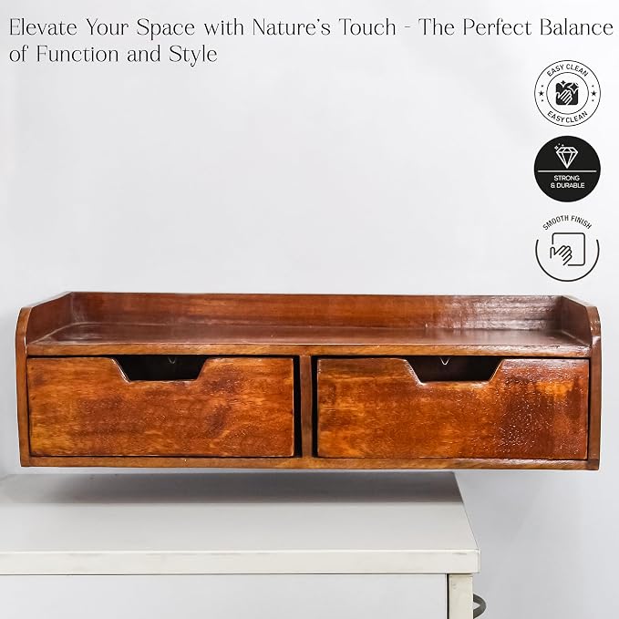 Wooden Desk Organizer with 2 Drawers – Handcrafted Solid Wood Storage Box for Office, Home & Study – Rustic Desktop Organizer for Files, Accessories & Stationery (STYLE 1, BROWN)