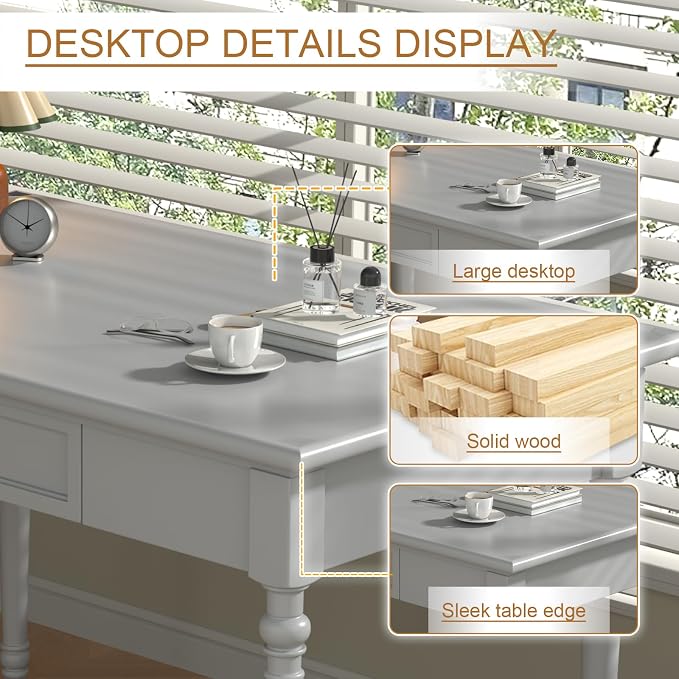 Solid Wood French Country Desk,Writing Desk with Storage Drawers,Farmhouse Computer Table Makeup Table Modern Simple Style,for Home Office Living Room Study Workspace Bedroom (Grey, 31.5IN)