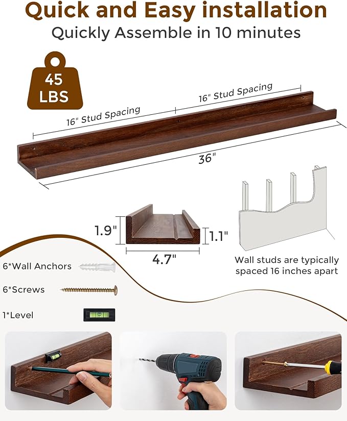 Axeman Oak Picture Ledge Shelf, 36 Inch Floating Shelves Set of 2, Solid Oak Wood Wall Shelves with Lip, Wall Decor Storage for Bedroom Living Room Bathroom Kitchen Nursery Photo Picture, Walnut
