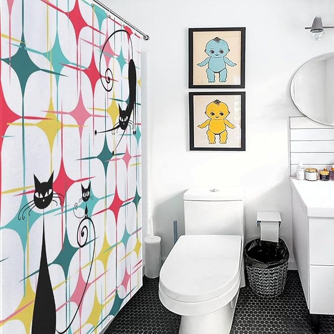Mid Century Black Cat Shower Curtain,Retro Atomic Stars Abstract Iconic 60s Vintage Geometric Fabric Bathroom Decor Curtain with Hooks 72x72in（183x183cm）