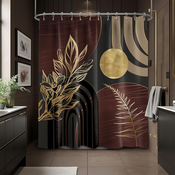 Dark Brown and Black Shower Curtain Boho Mid Century Gold and Brown Shower Curtains for Bathroom Decor, Waterproof Cloth Fabric with Hooks, 70" W x 84" L