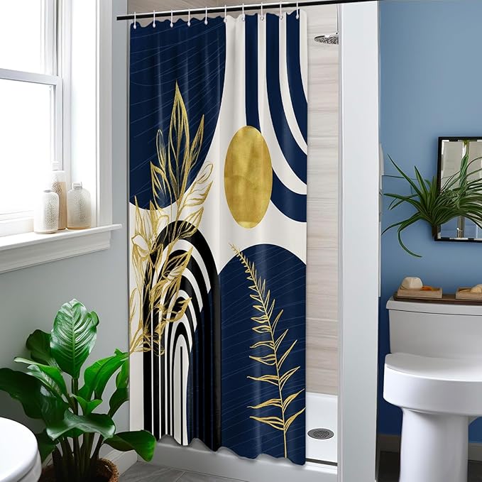 Mid Century Modern Navy Blue Shower Curtain Boho Dark Blue and Gold Leaves Shower Curtains for Mens Bathroom Decor Sets, Waterproof Cloth Fabric with Hooks, 48x72in