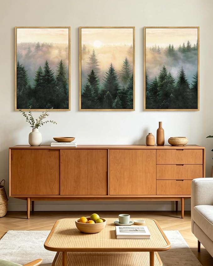 KUVIOKE Sun Dawn Fog Pine Tree Framed Wall Art Morden Nature Nordic Forests Artwork Bedroom Decor 24x36in (Natural Framed)