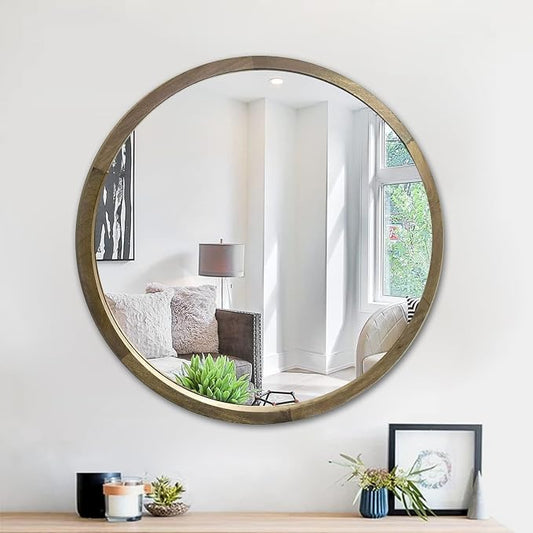 Handcrafted Decorative Pure Wooden Mirror for Wall Décor (28 inches, Natural Brown)