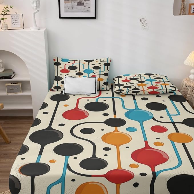 Mid Century Modern Abstract Bed Sheets Twin XL Size, Geometric Dots and Lines Sheet Set, Soft Deep Pocket Wrinkle Free Fitted Sheet & Flat Sheet & Pillowcase Sets, Bold Bedding Sheets - 3 Piece