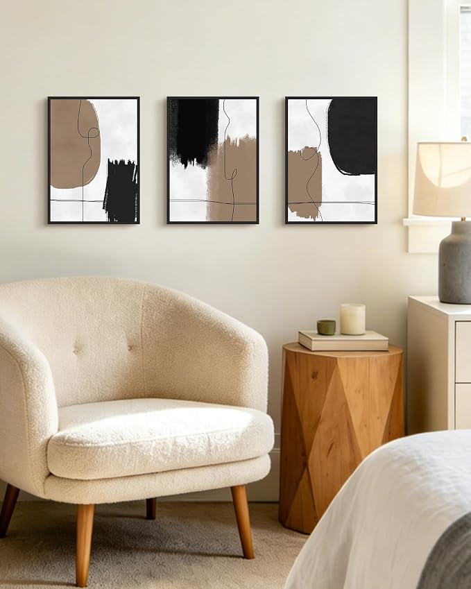 KUVIOKE Neutral Abstract Framed Wall Art Beige Mid Century Textured Wall Decor Minimalist Line Modern Illustrations Art Print Home Decor 11x14in (Black Framed)