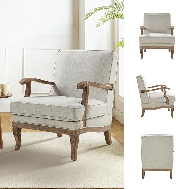 HULALA HOME Mid-Century Modern Accent Chair, Upholstered Lounge Arm Chair with Solid Wood Legs and Armrest, Removable Cushion Comfy Retro Reading Armchair for Living Room, Bedroom, Balcony, Pewter