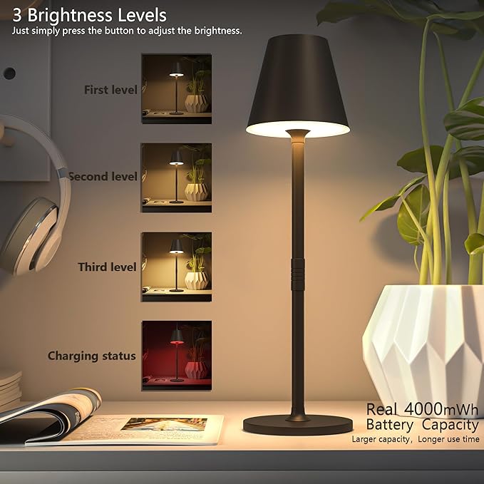 2-Pack Cordless Table Lamps - 5000mAh Rechargeable Battery Operated Desk Lamp, 3-Level Dimmable LED Night Light for Bedroom, Dining, Restaurant - Metal Design(Khaki-2Pack)