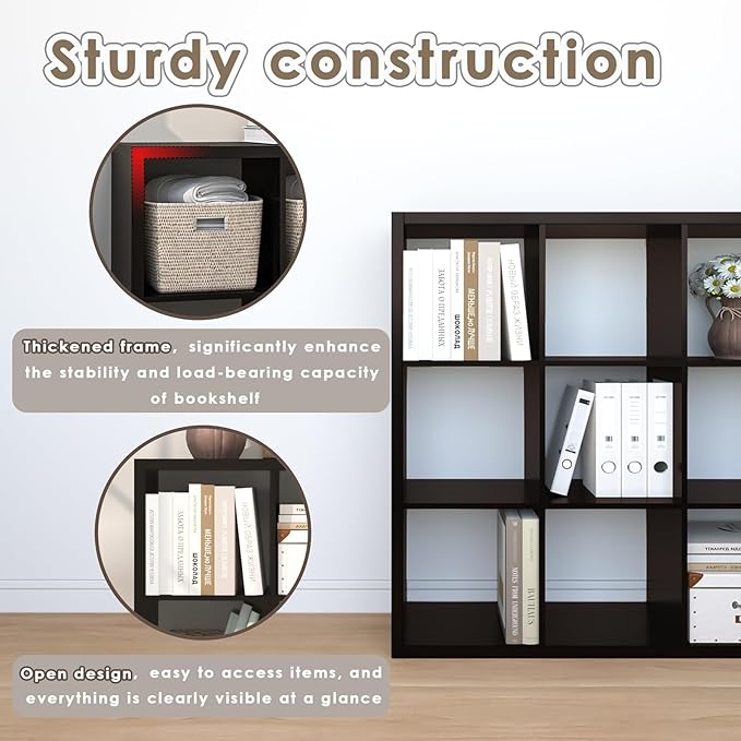 Endearing Limons【2026 Wooden Thick Border 9 Cube Shelf Storage Organizer with Anti-Tipping Kits + Reversible Open Back Bookcase (11 x 11 Unit Cell Chocolate)