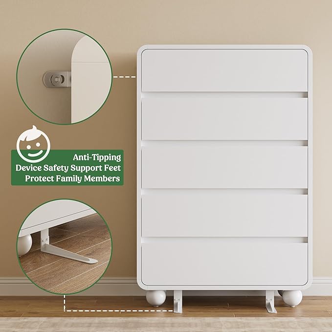 Lulive Wood Dresser for Bedroom, 41” Tall Chest of Drawers with 5 Drawers, Modern Closet Storage Drawer with Curved Profile Design for Living Room, Hallway, Entryway, White