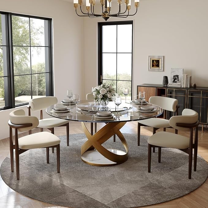 POVISON 59" Modern Round Dining Table with Lazy Susan, Glass Round Kitchen Table for 6, Glass Dining Room Table Top with Bronze X Carbon Steel Base for Dining Room (Dining Table Only)