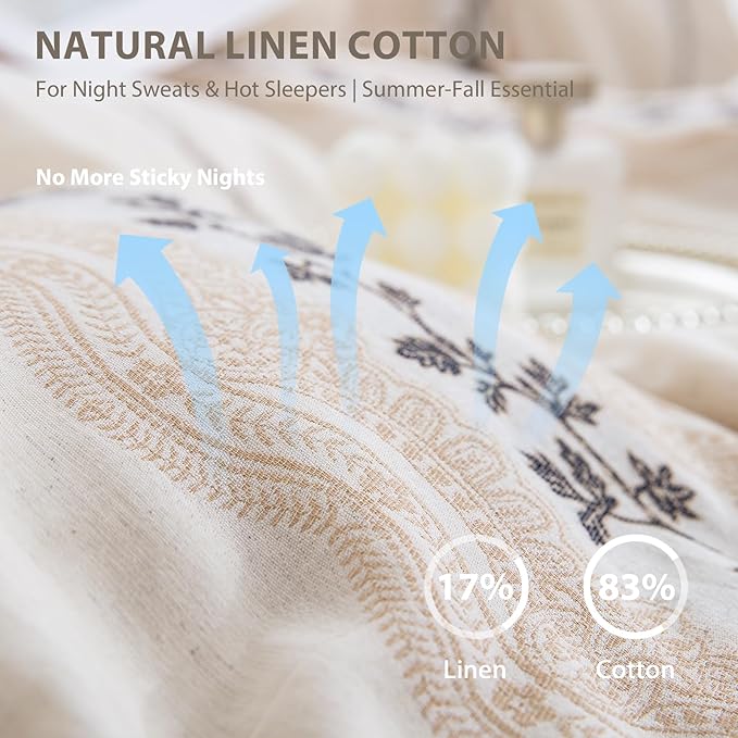 Beige Boho Linen Cotton Duvet Cover Queen Size, Soft Breathable Bedding Set for All Season -1 Textured Duvet Cover 90x90 Inches with Zipper Closure, 2 Pillowcases