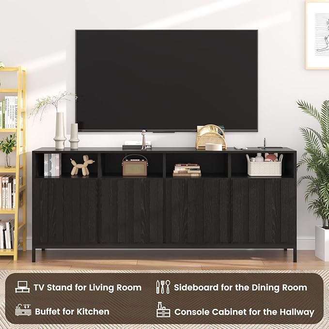 COCO DESIGN 70" Buffet Sideboard Cabinet with Fluted Panel Doors, Large Credenza Console with Power Outlet & Adjustable Shelves, Modern Storage Cabinet for Kitchen & Living Room, Black