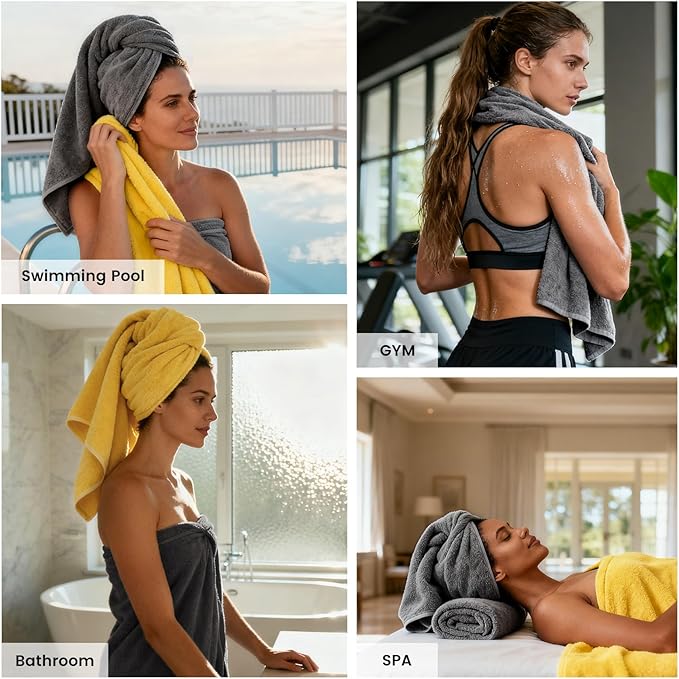 SEMAXE Bath Towel Set, 100% Cotton Bathroom Towels with Hanging Loops, Soft & Absorbent, 8 Piece Towel Set Include 2 Bath Towels, 2 Hand Towels, 4 Washcloths, Yellow & Grey