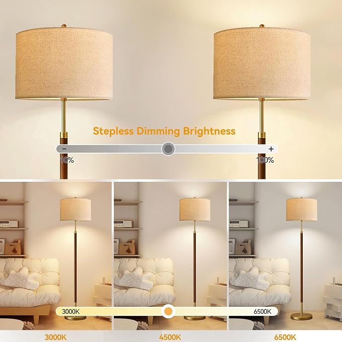 ILLMTW Wood Floor Lamp for Living Room,Bedroom,Vintage Mid Century Modern Standing Lamp with Remote Dimmable,Boho Gold Tall Lamp Fabric Lamp Shade Floor Lights Bohemian Tiffany Style