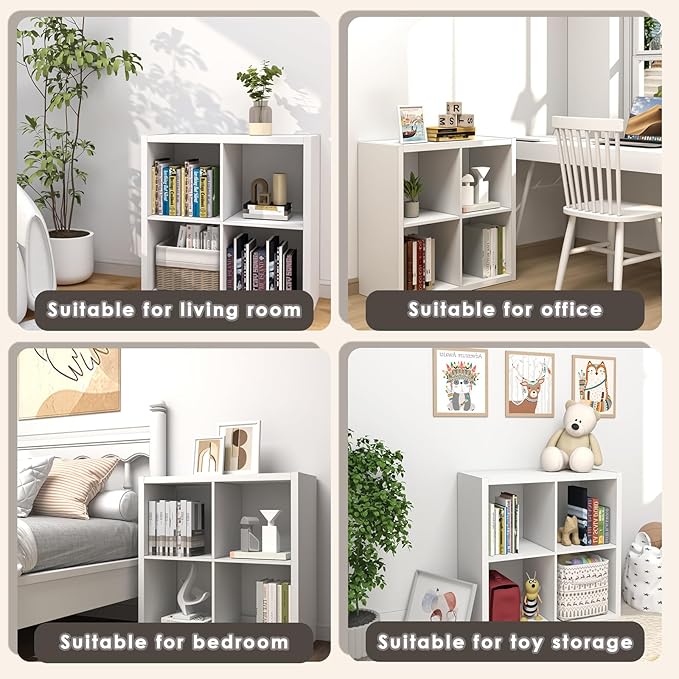 Endearing Limons【2026 Wooden Thick Border 4 Cube Shelf Storage Organizer with Anti-Tipping Kits + Reversible Open Back Bookcase (11 * 11 Unit Cell White)