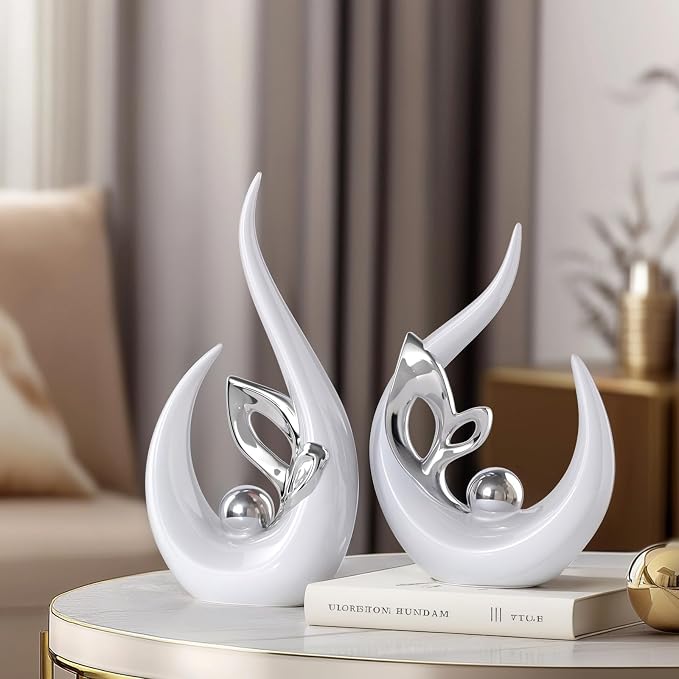 Silver Home Decor Accent,Abstract Ceramic Statue and Sculptures for Living Room,Mid Century Modern Decor for Desktop Bookshelf tv Stand Fireplace Coffee Table Centerpieces Decorations